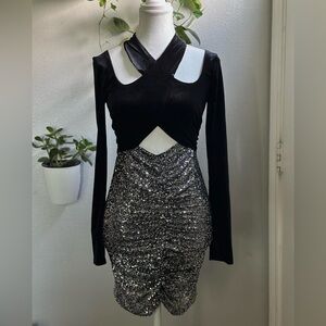 NWOT ASOS Luxe Black Velvet & Silver Sequin Cutout Mini Dress – Size US 4